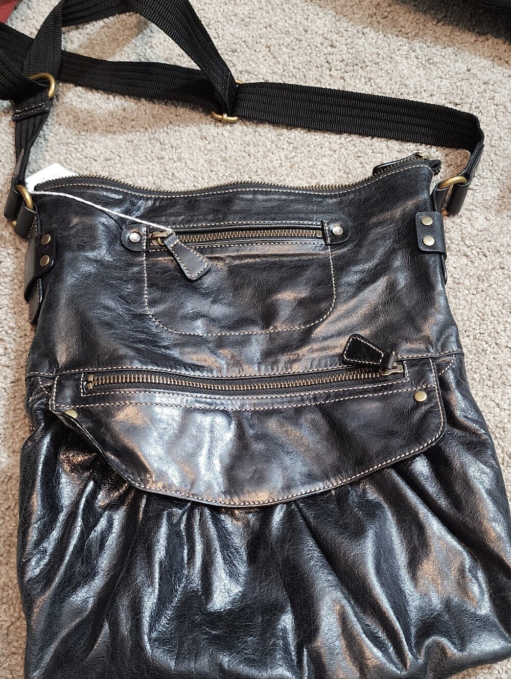 Black Leather Crossbody Bag with Zip Pockets